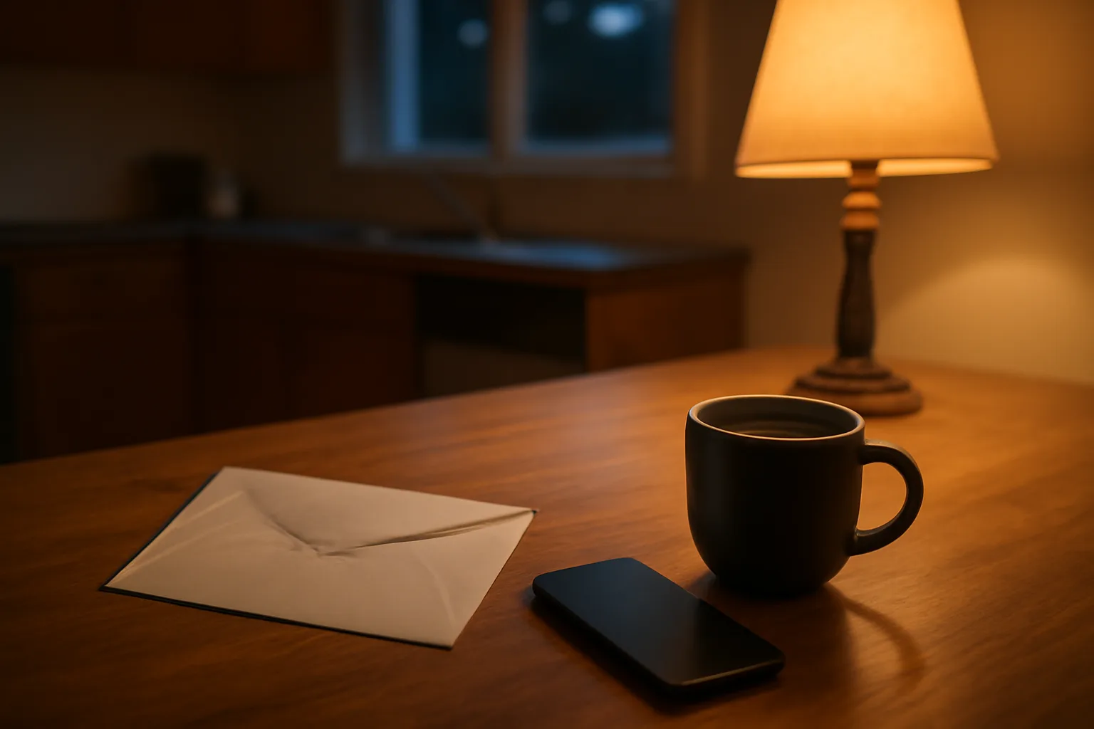 Kitchen table scene with mail and phone suggesting a timeshare maintenance fee scam call