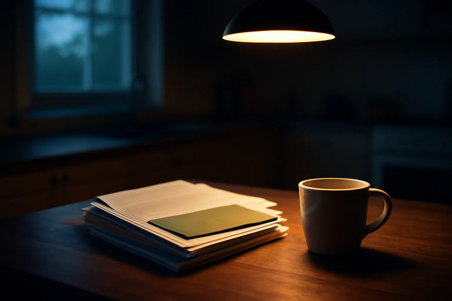Timeshare contract paperwork and a coffee cup on a kitchen table at dusk