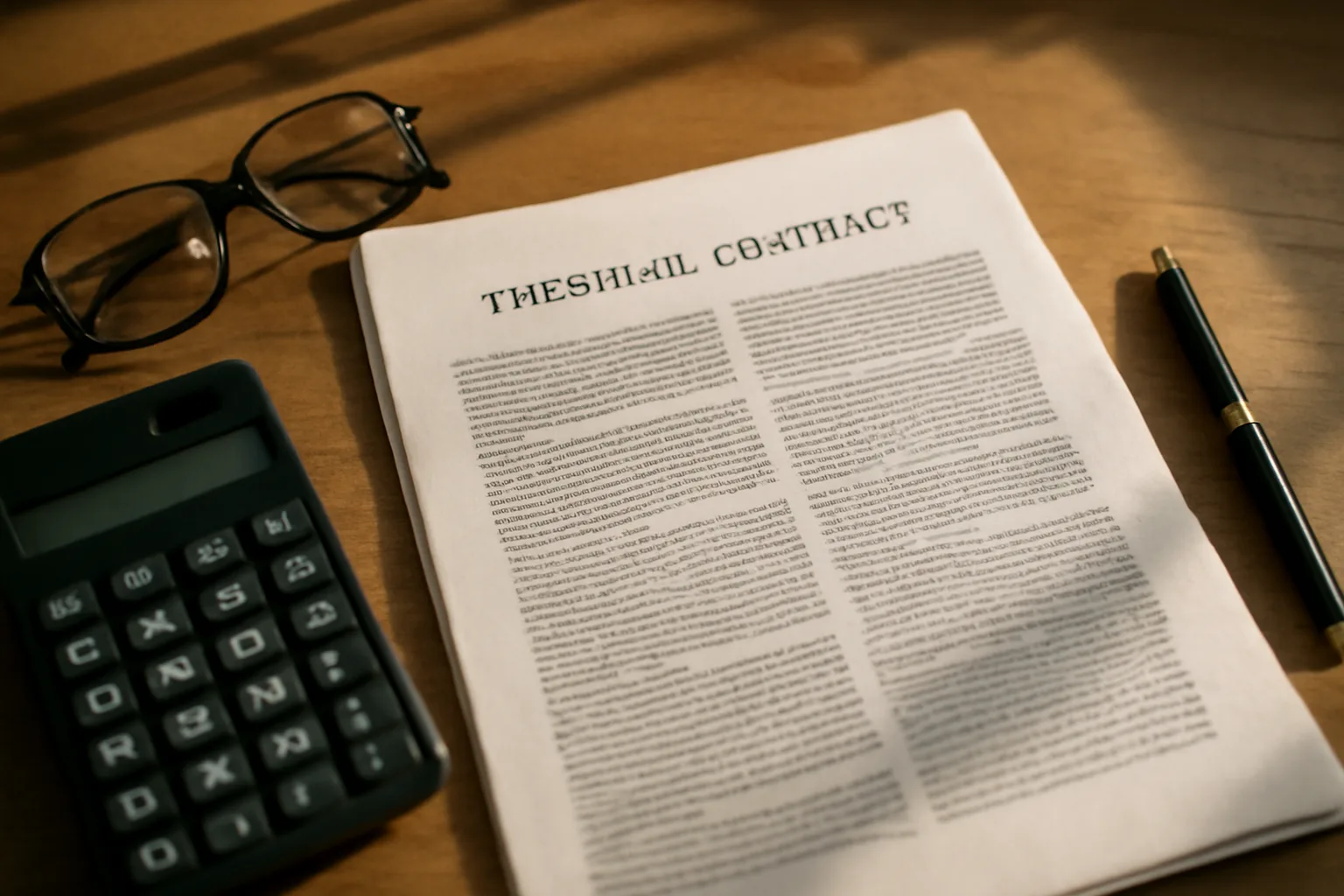 Timeshare contract and calculator on table illustrating ownership costs and obligations