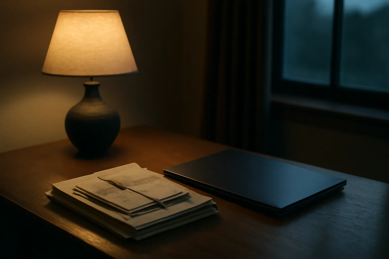 Desk with contract papers and mail receipts representing timeshare exit research at night