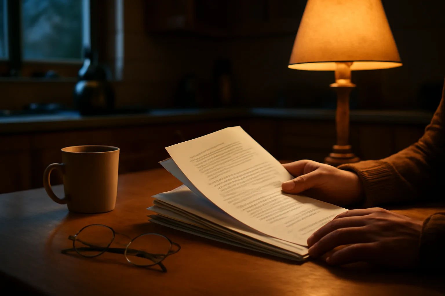 Homeowner reviewing timeshare exit paperwork at a kitchen table in evening light
