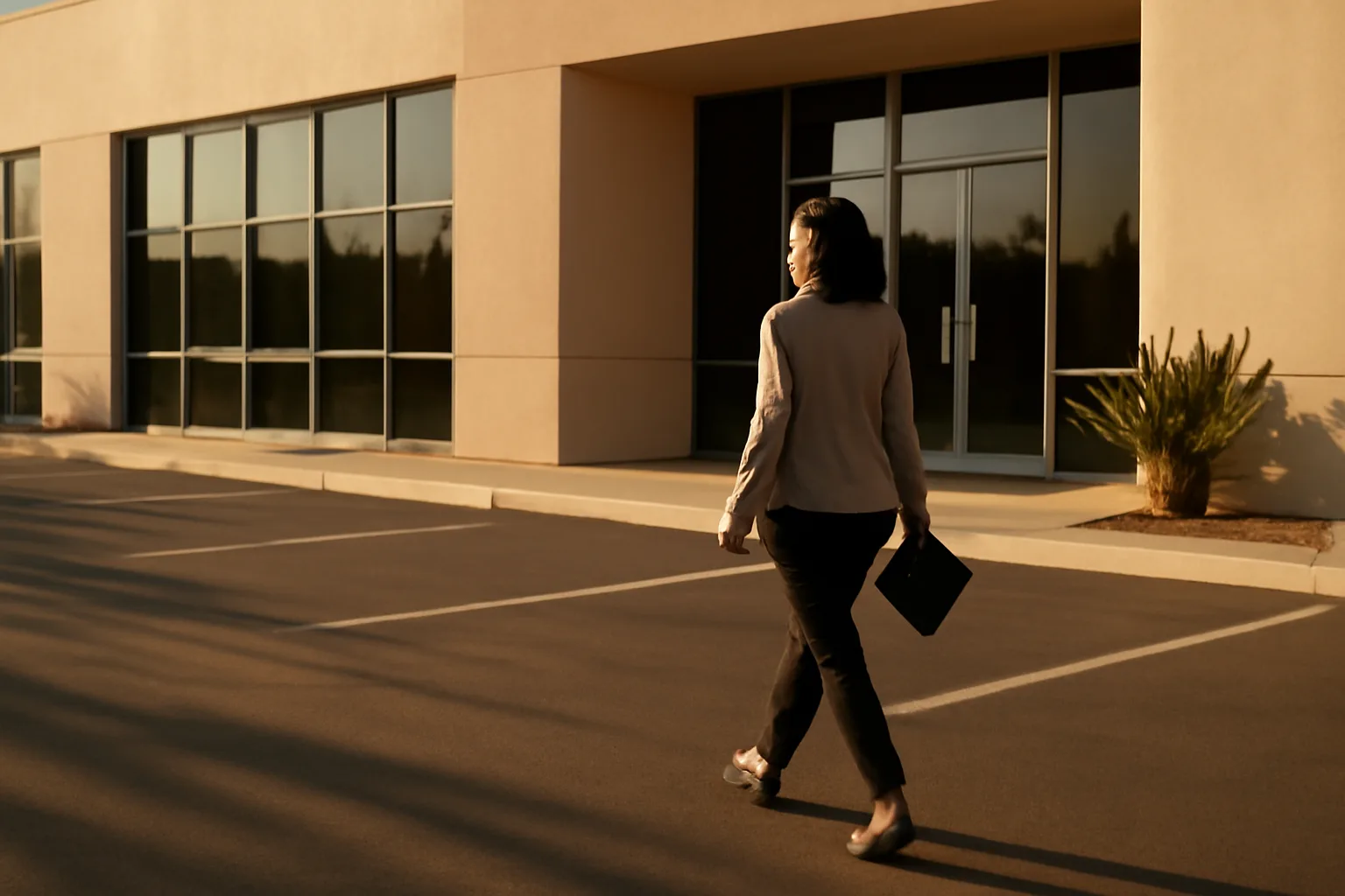 Woman walking toward a Las Vegas office building holding paperwork about a timeshare exit company
