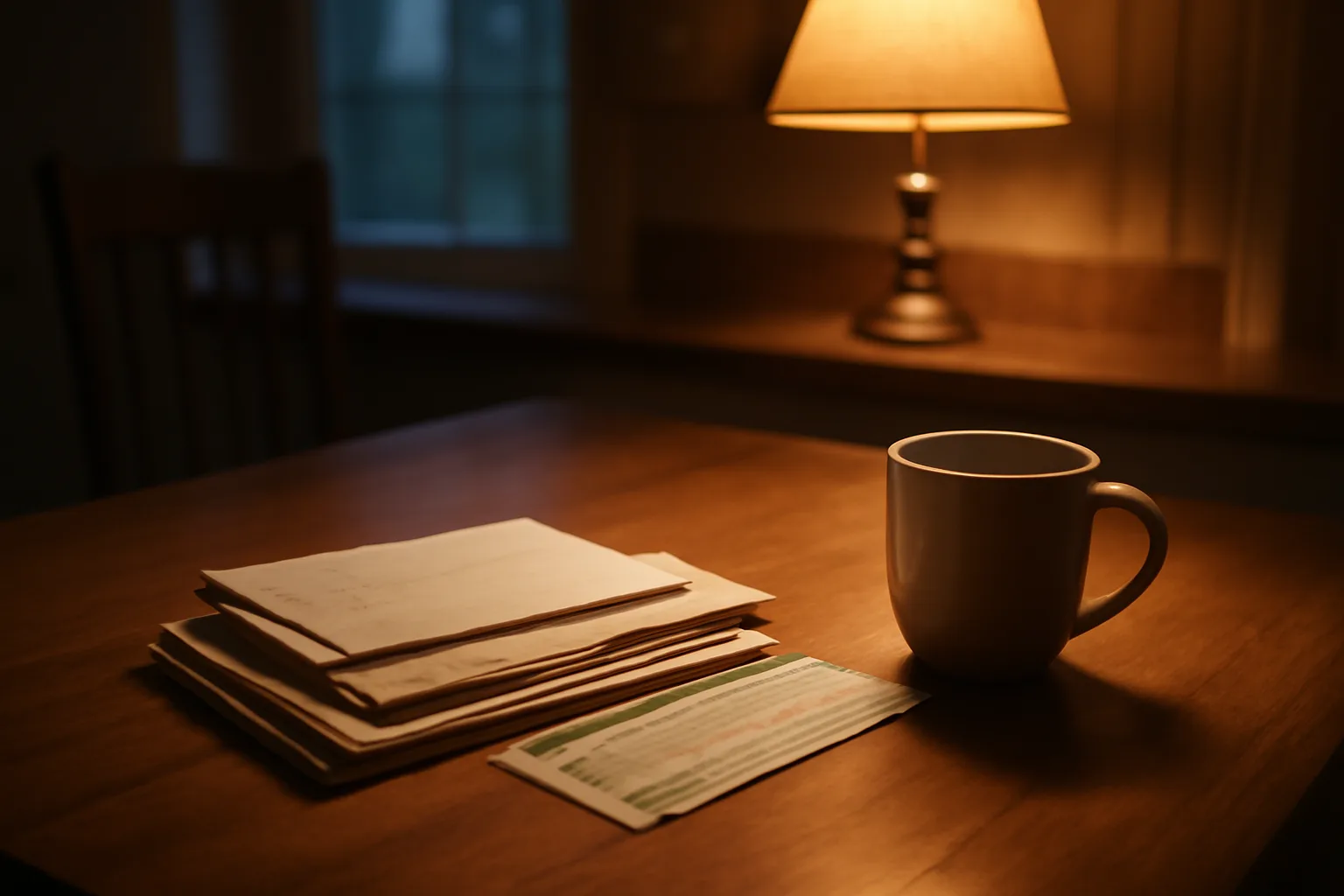 Kitchen table with mail and coffee mug representing timeshare exit paperwork decisions