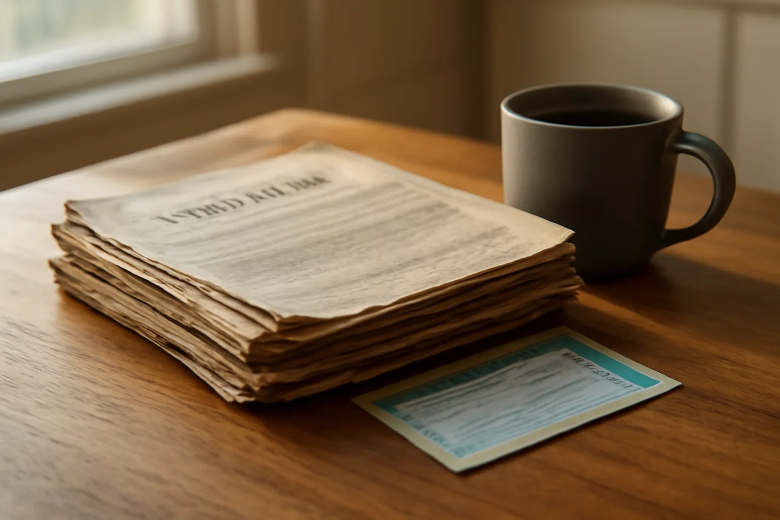 Timeshare contract papers and certified mail receipt on a kitchen table in morning light