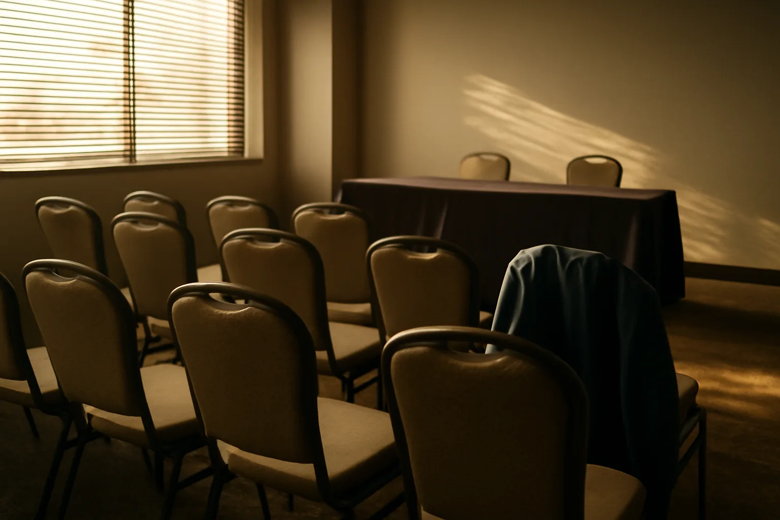 Empty timeshare presentation room with chairs and table after a sales pitch