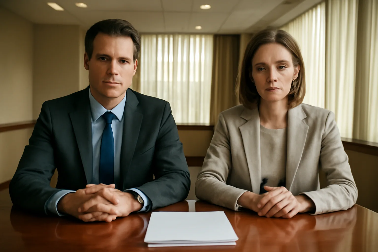 Couple reviewing timeshare contract at hotel meeting room table