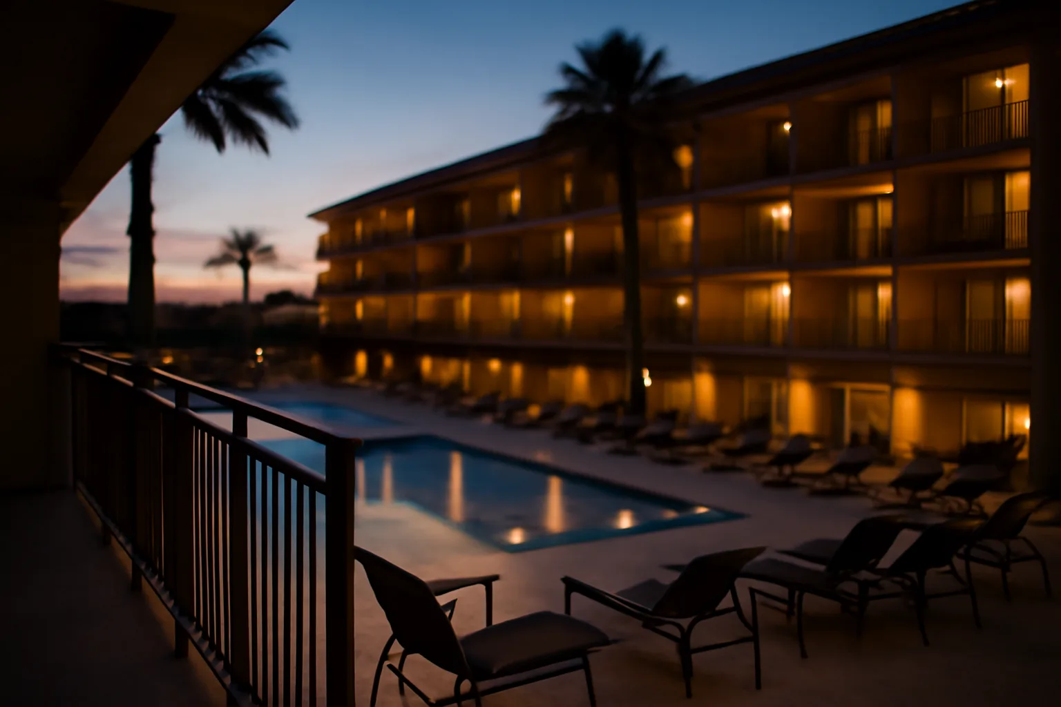 Resort balcony and empty pool deck at dusk, illustrating timeshare ownership concerns