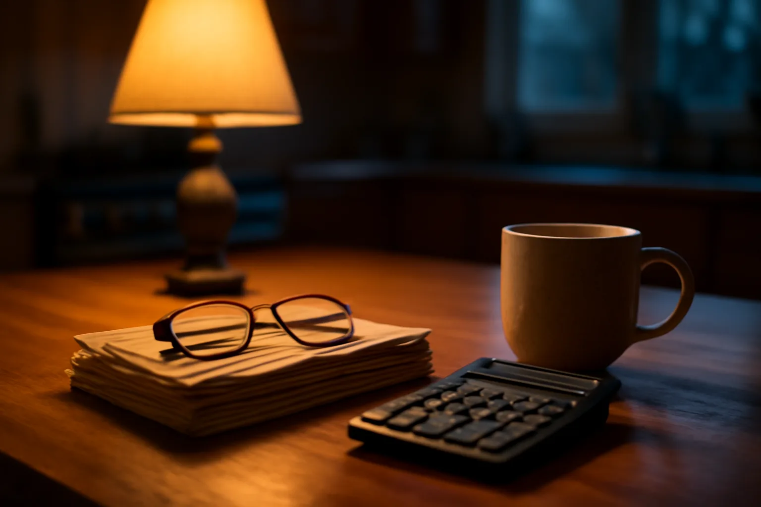 Kitchen table with bills and a calculator, evoking timeshare maintenance fee bookkeeping