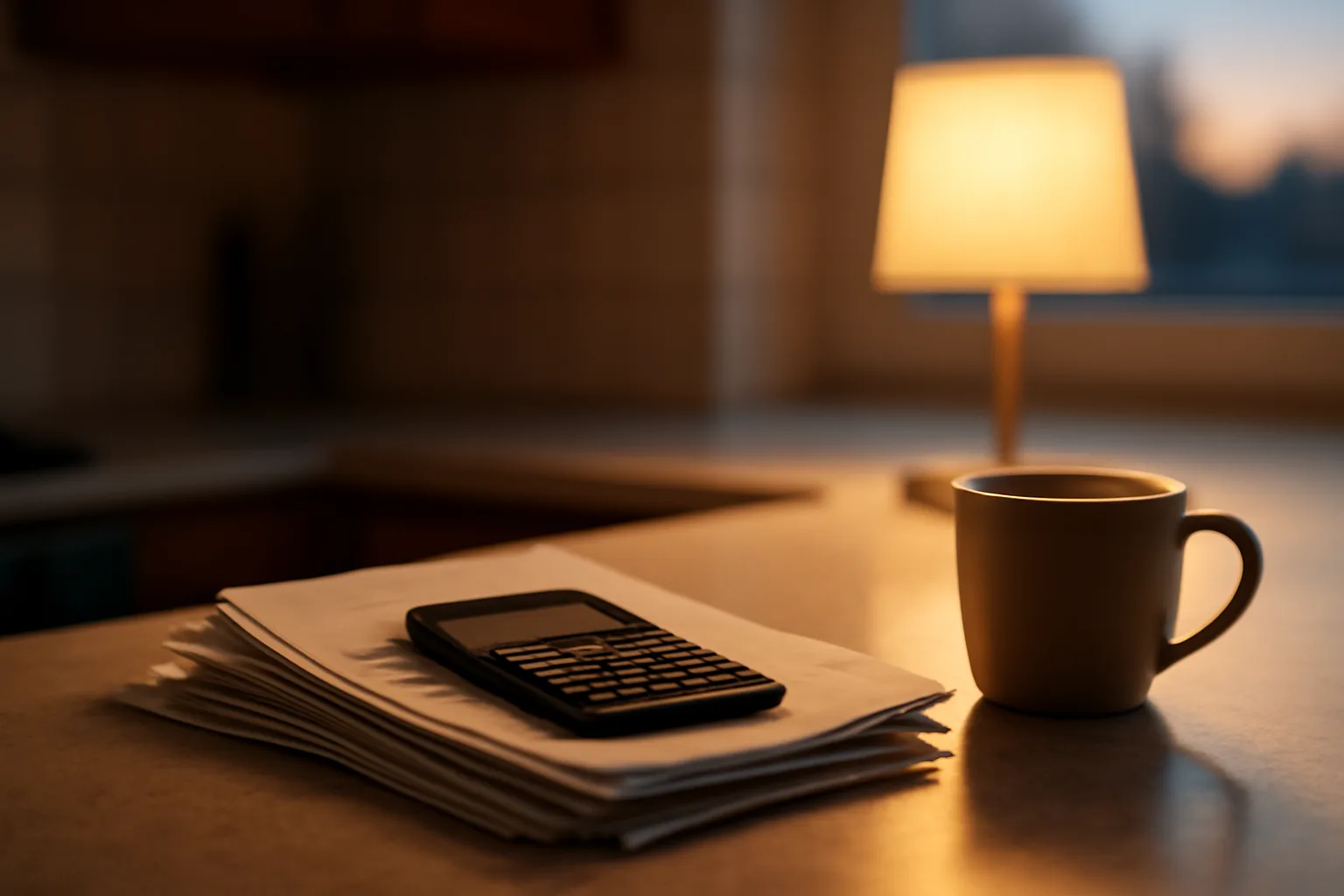 Stack of household bills and calculator on a kitchen counter at dusk