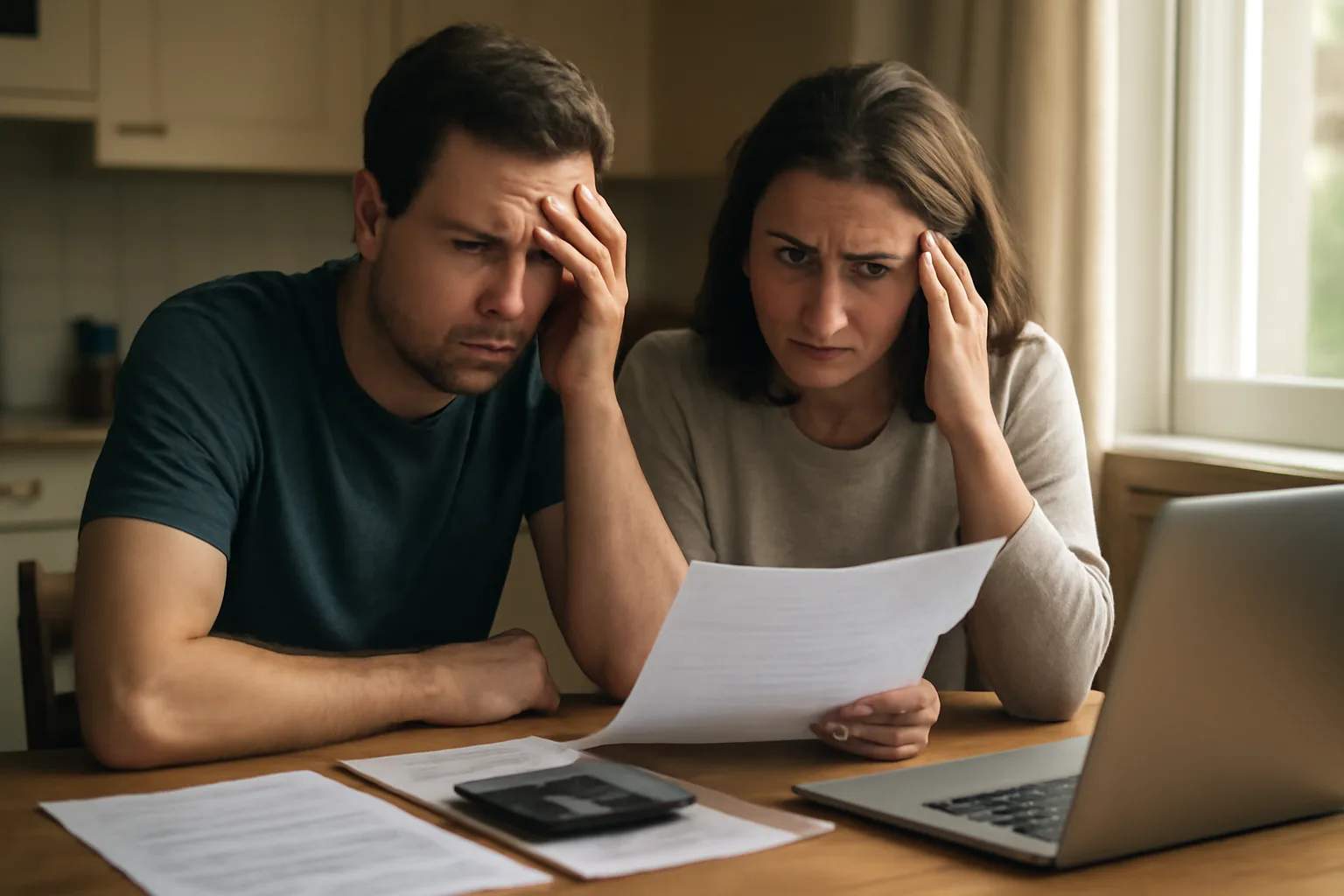 Couple reviewing timeshare financial documents at kitchen table with calculator