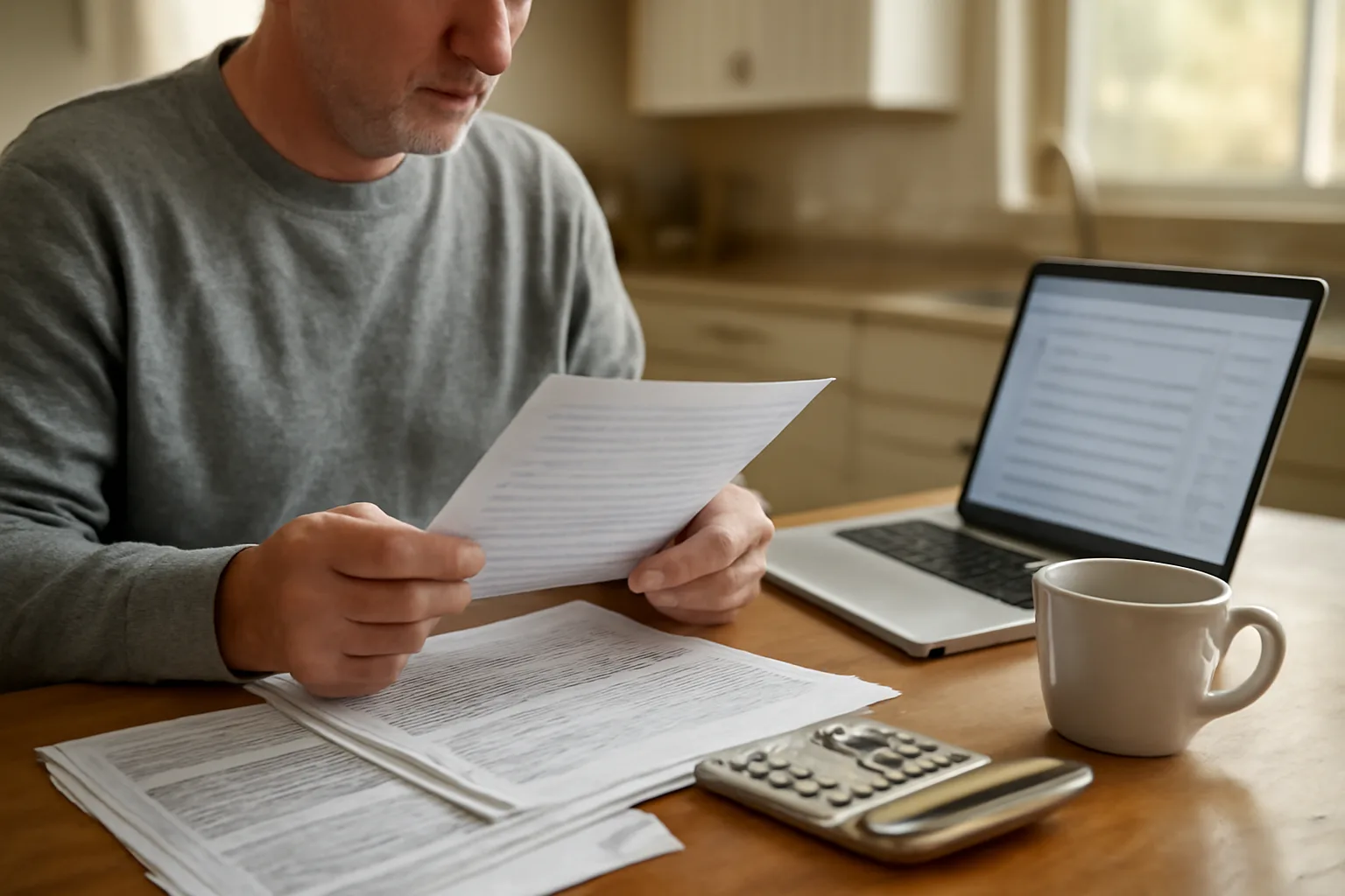 Homeowner reviewing timeshare maintenance fee statements and tax documents at kitchen table