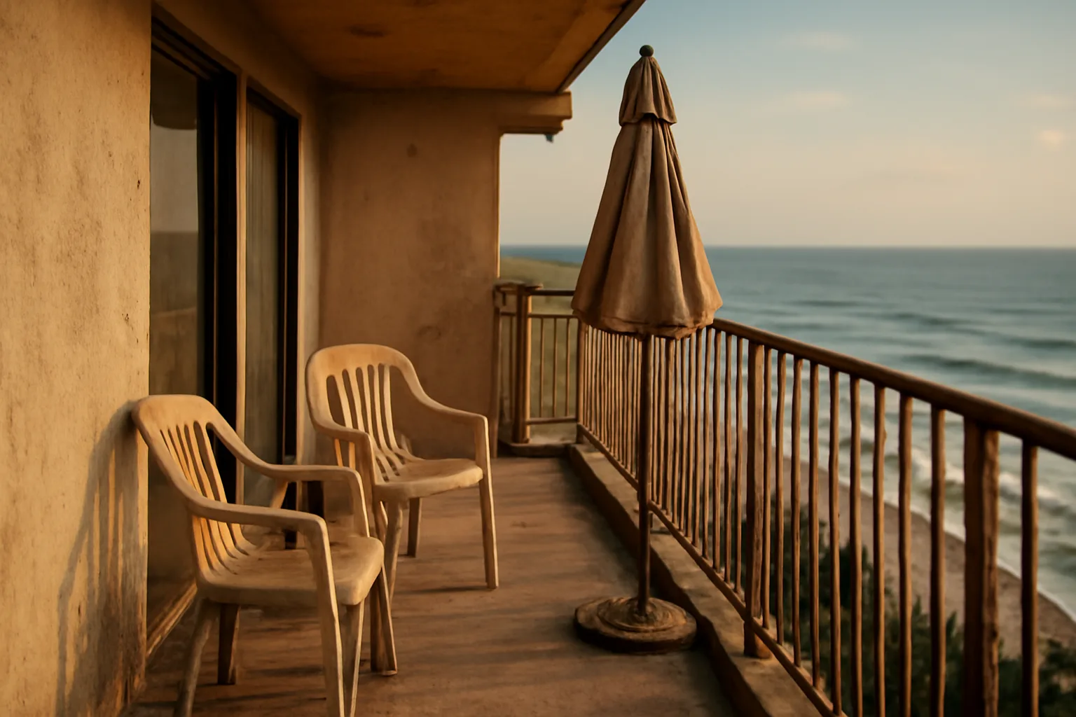 Empty balcony at a coastal timeshare resort in late afternoon light