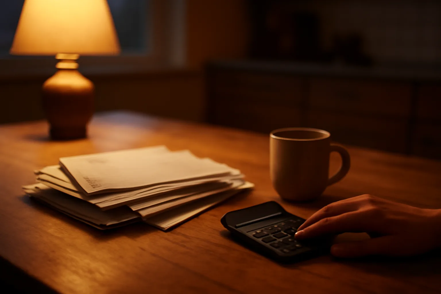 Owner reviewing mail and calculator at kitchen table to avoid timeshare fees