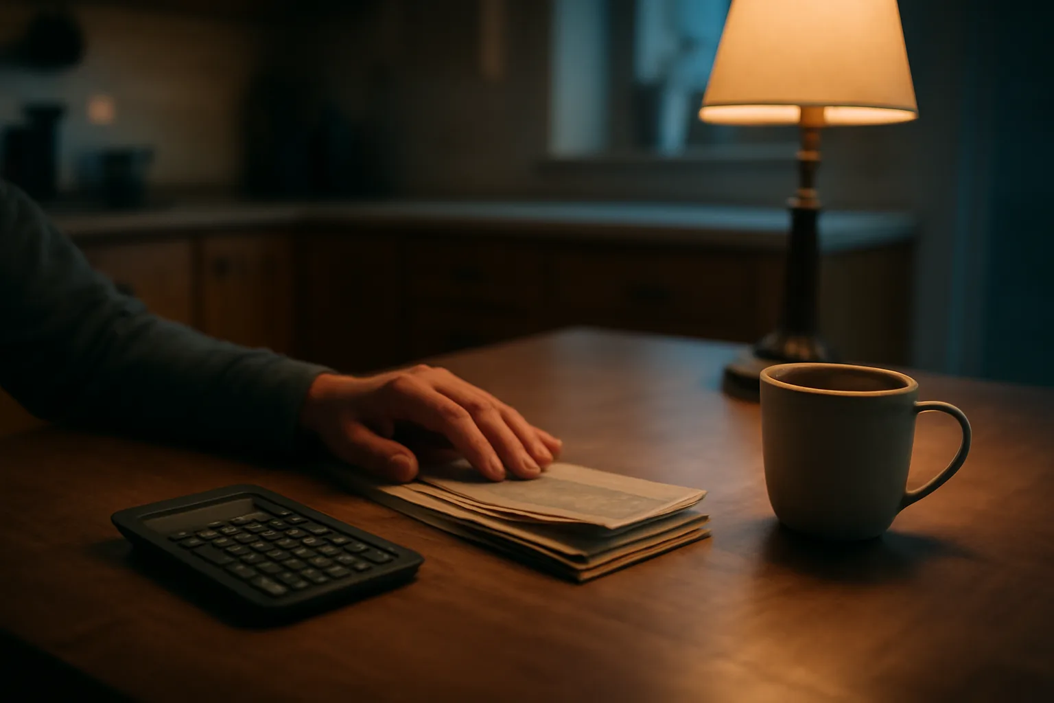 Homeowner reviewing bills and a calculator at a kitchen table at night
