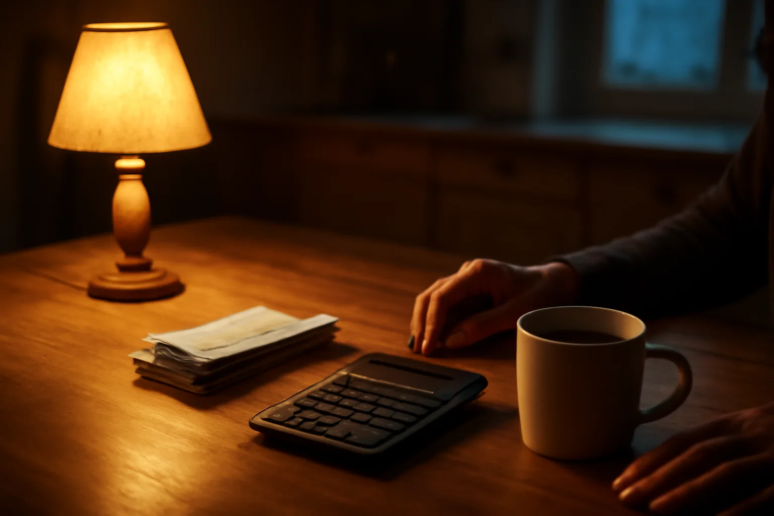 Hands resting near household bills and a calculator at a kitchen table, considering timeshare maintenance fee costs