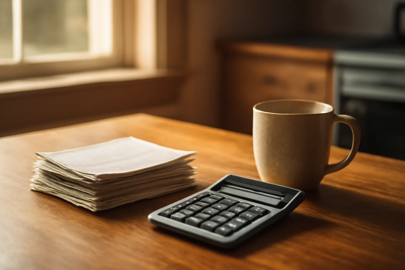 Home table with bills and a calculator representing timeshare maintenance fee costs