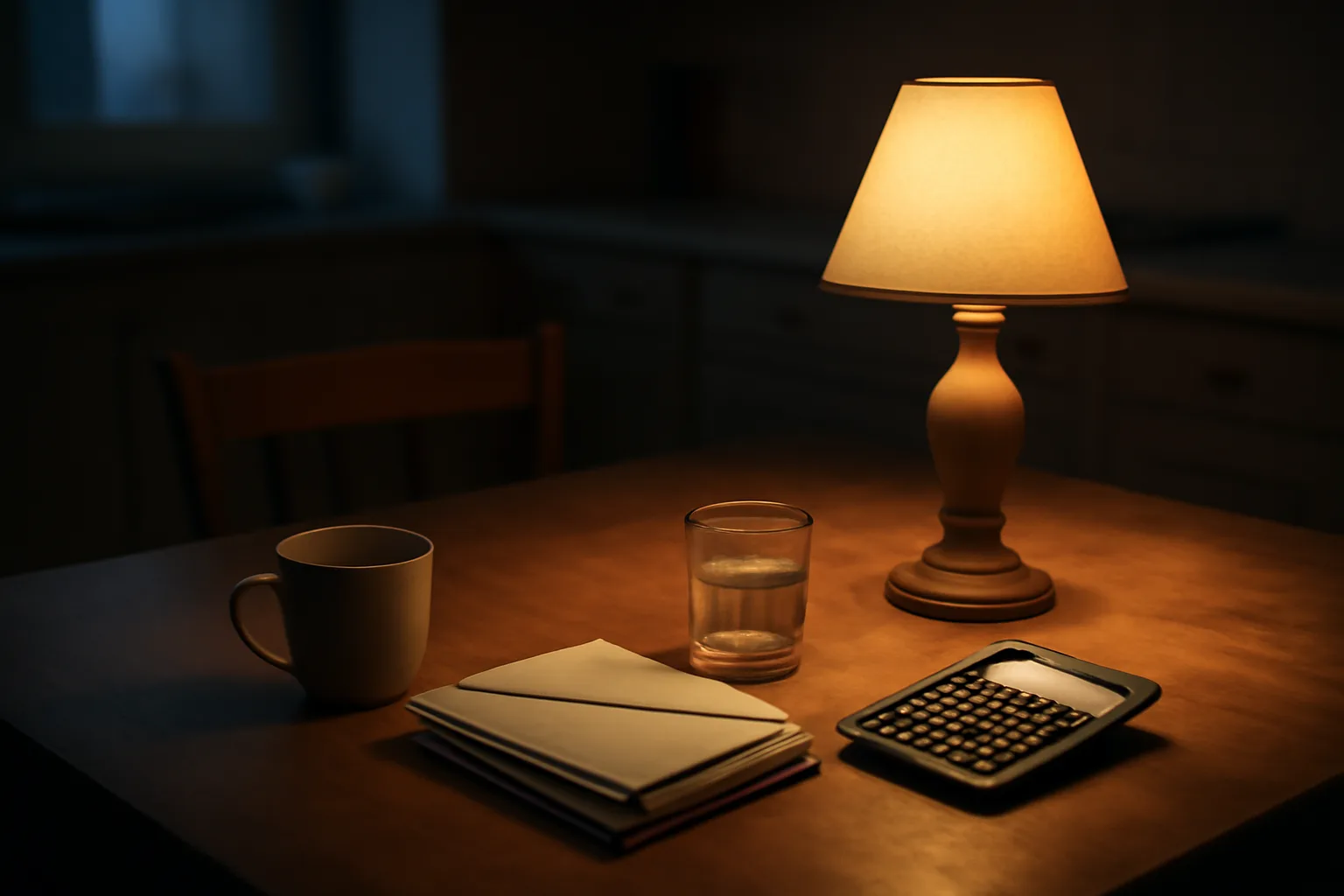 Kitchen table with envelopes and a calculator, evoking unpaid timeshare maintenance fee bills
