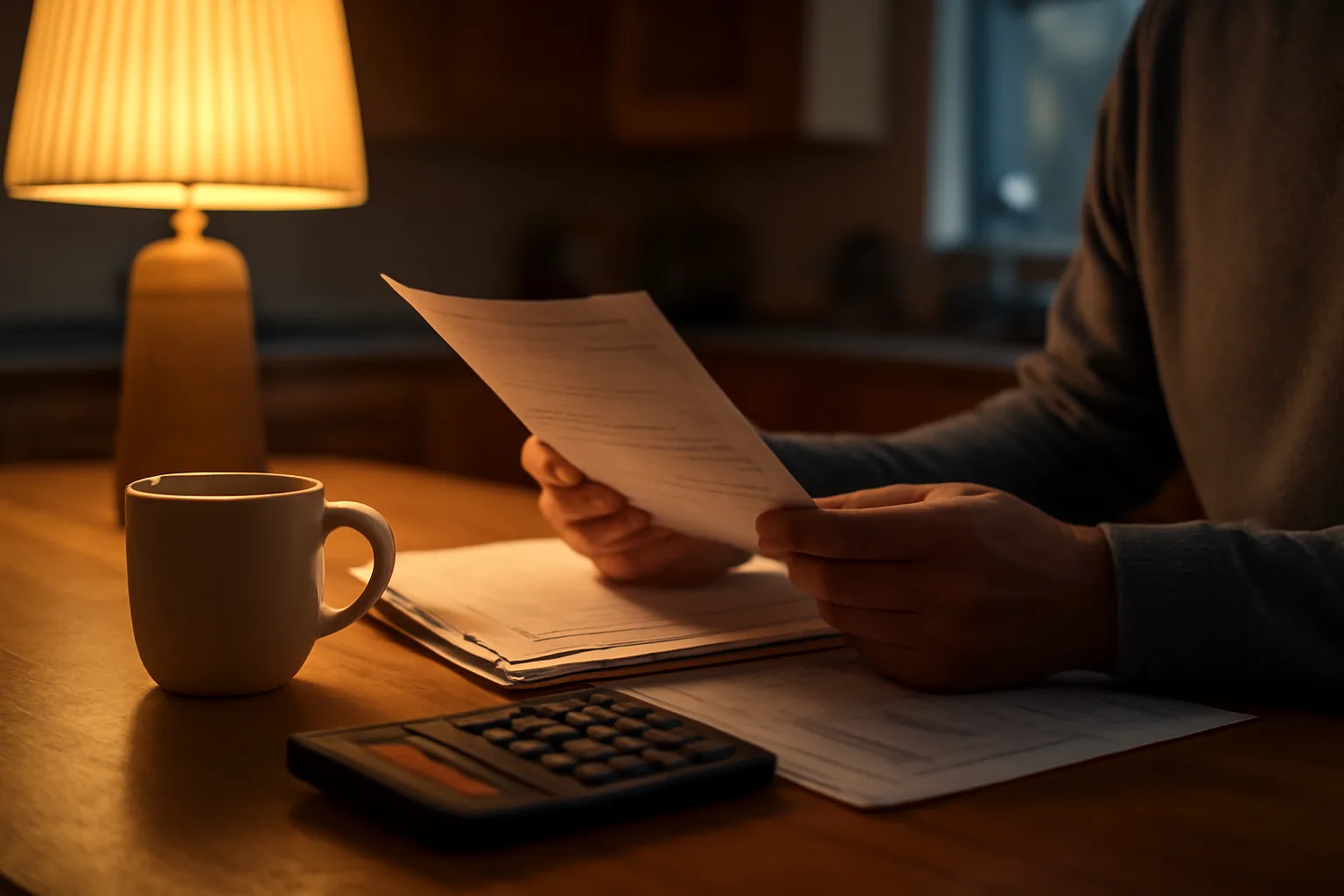 Hands reviewing paperwork and a calculator at a kitchen table, weighing timeshare maintenance fee costs