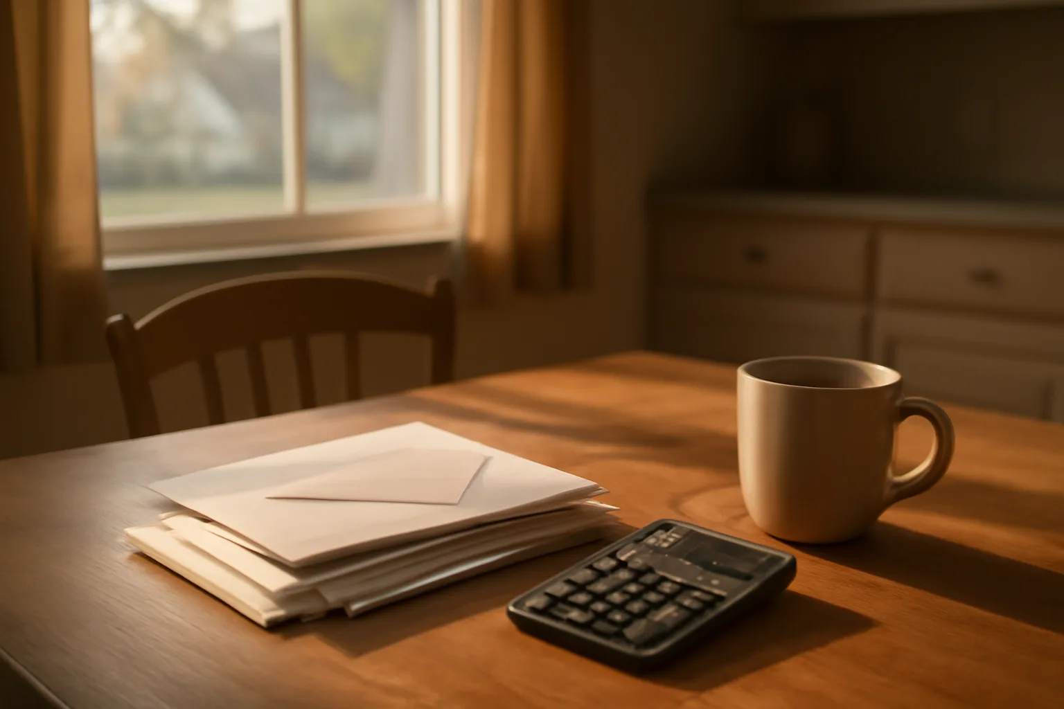 Unopened bills and a calculator on a kitchen table, representing timeshare payment default stress