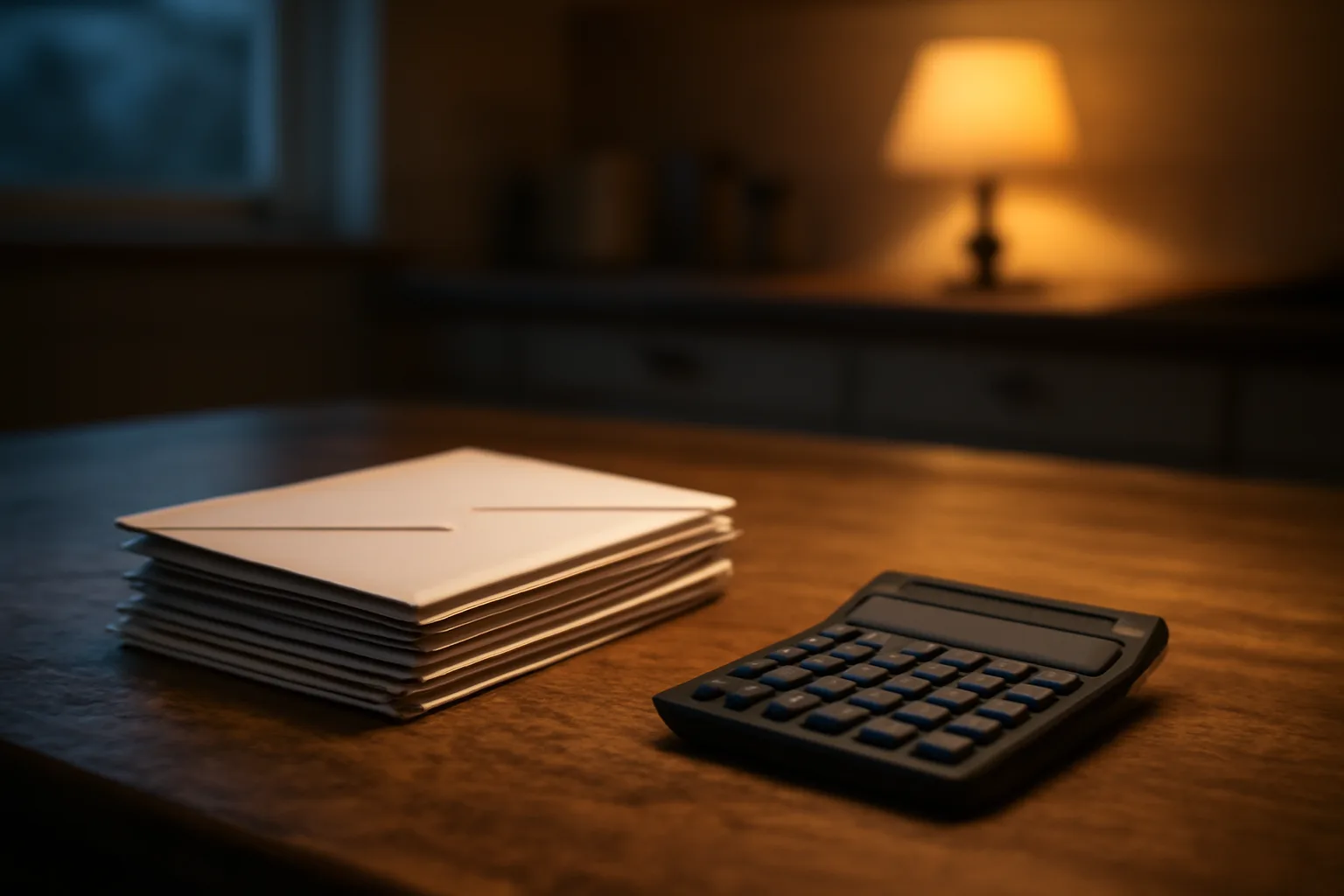 Stack of unopened envelopes and a calculator on a kitchen table at dusk