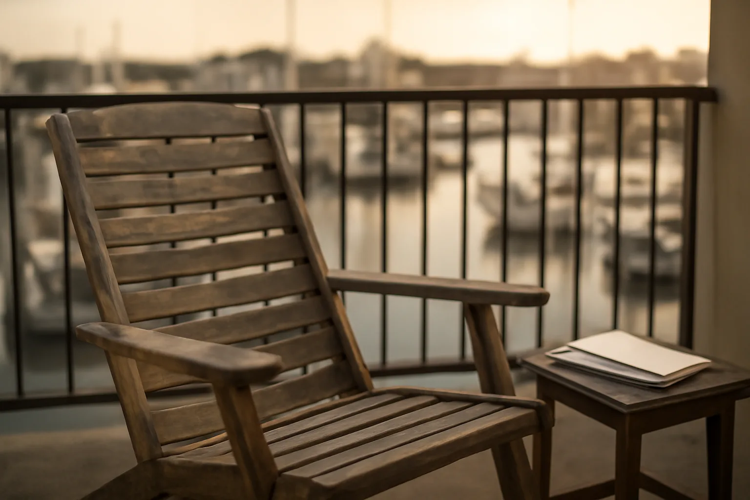 Empty balcony chair and envelope stack overlooking marina, evoking timeshare maintenance fee burden