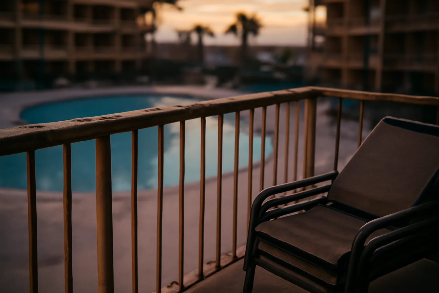 Empty resort balcony and pool at dusk representing timeshare maintenance fee burden