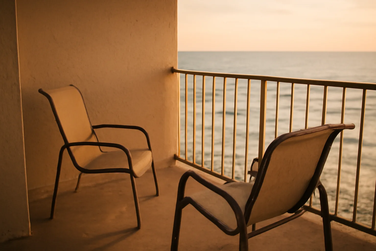 Empty resort balcony overlooking the ocean, symbolizing timeshare ownership and cost
