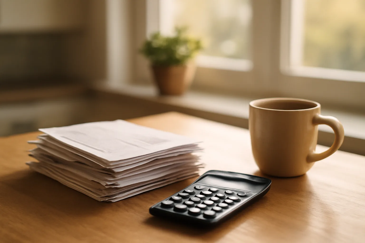Kitchen table scene with bills and calculator representing yearly timeshare costs