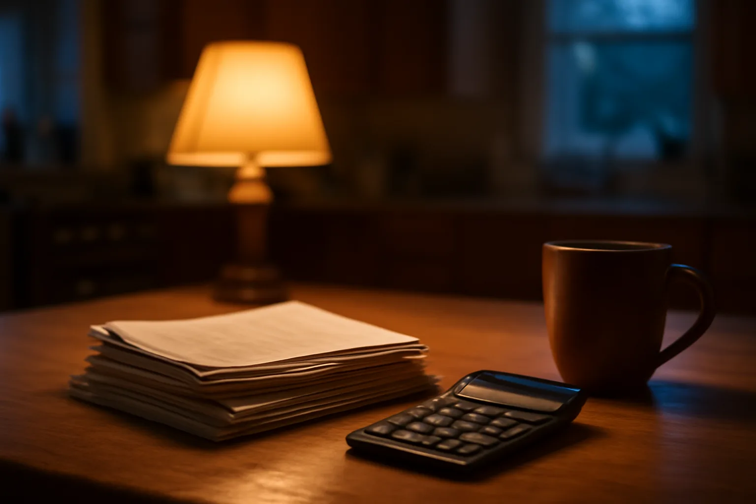 Timeshare owner reviewing maintenance fee bills and calculator at kitchen table