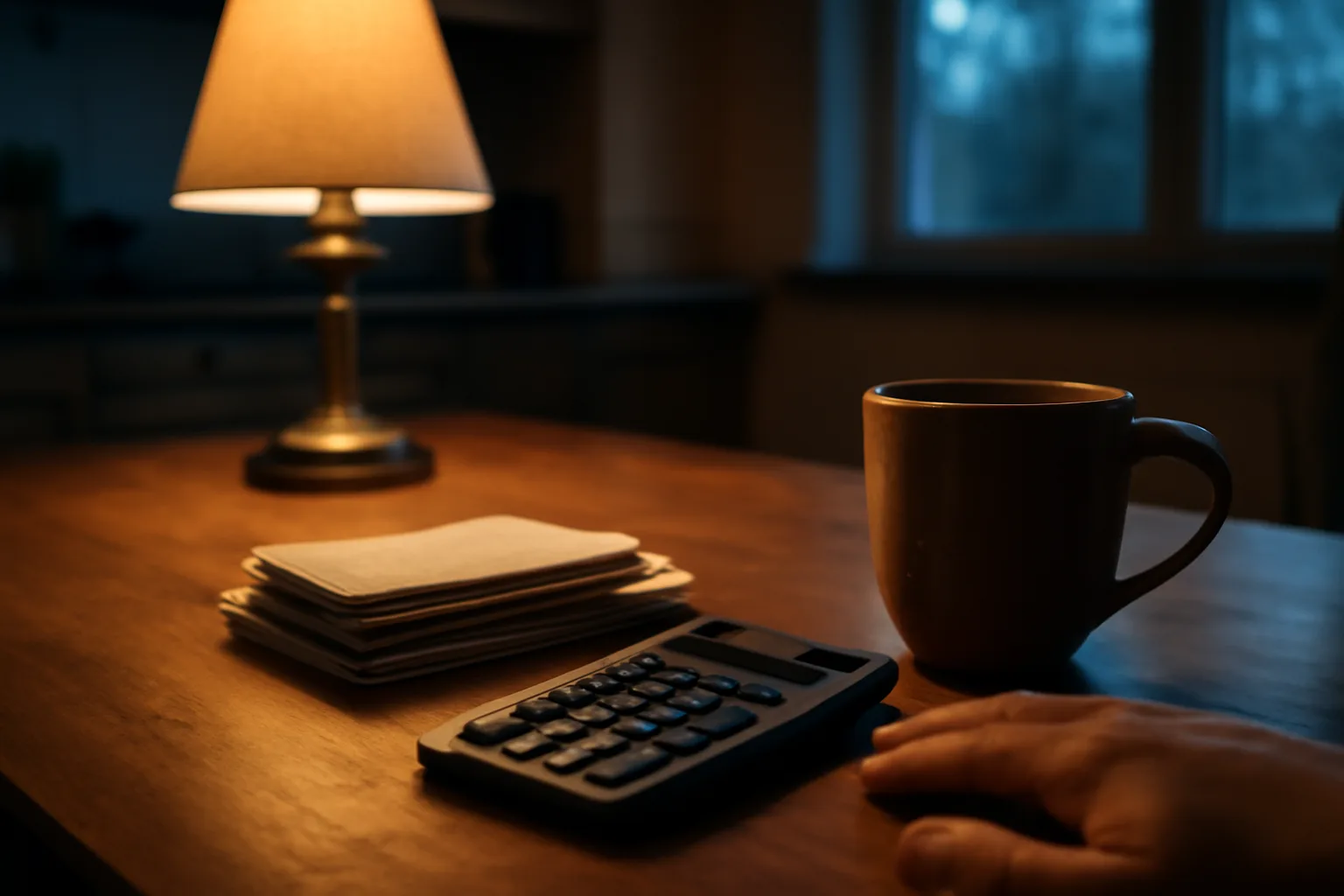 Homeowner reviewing bills and a calculator at a kitchen table over timeshare maintenance fee costs