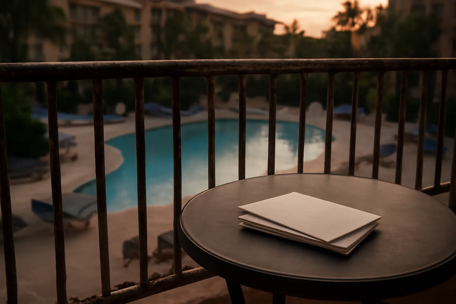 Empty resort balcony at dusk symbolizing rising timeshare maintenance fees and owner burden