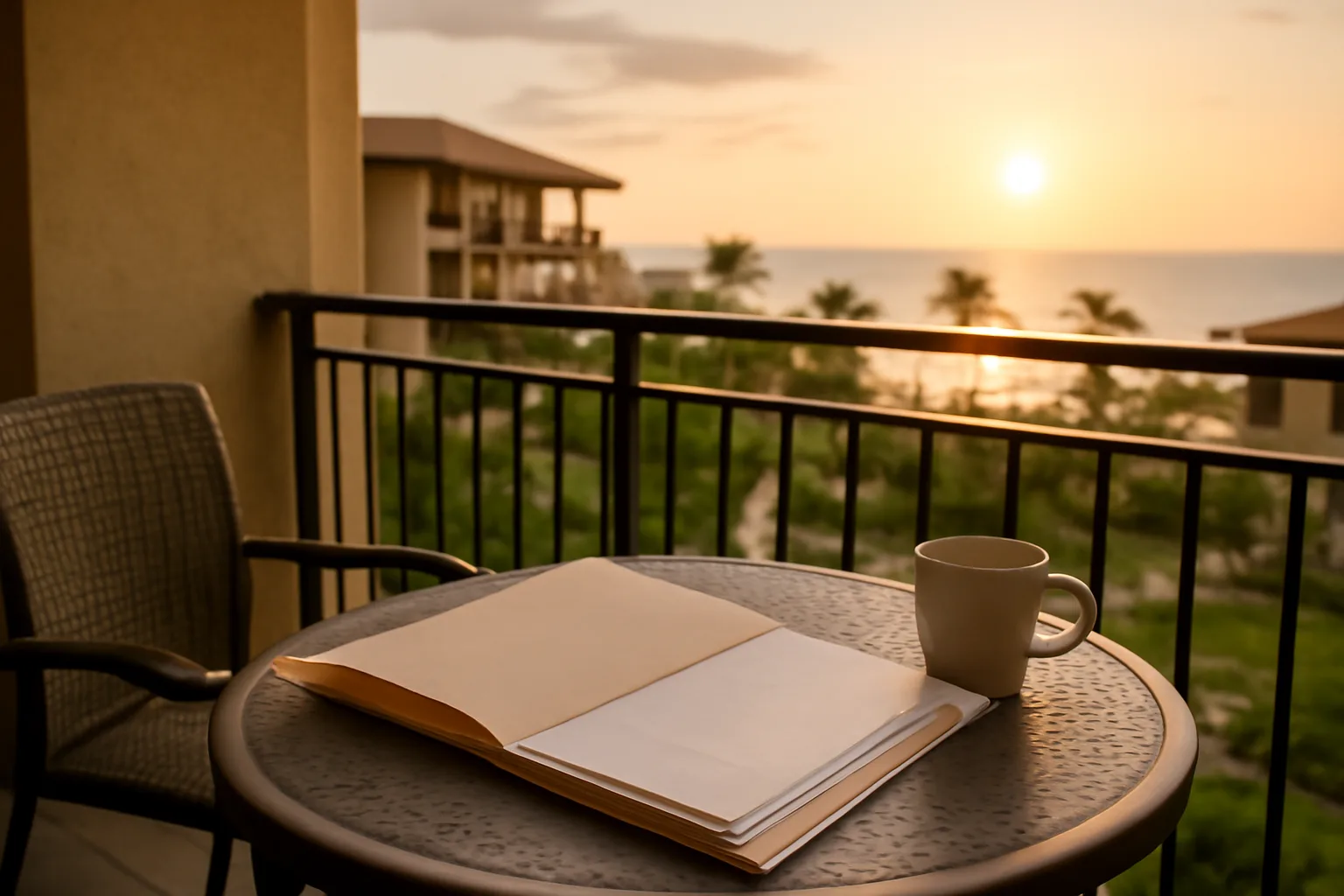 Timeshare owner reviewing maintenance fee paperwork on a resort balcony at sunset