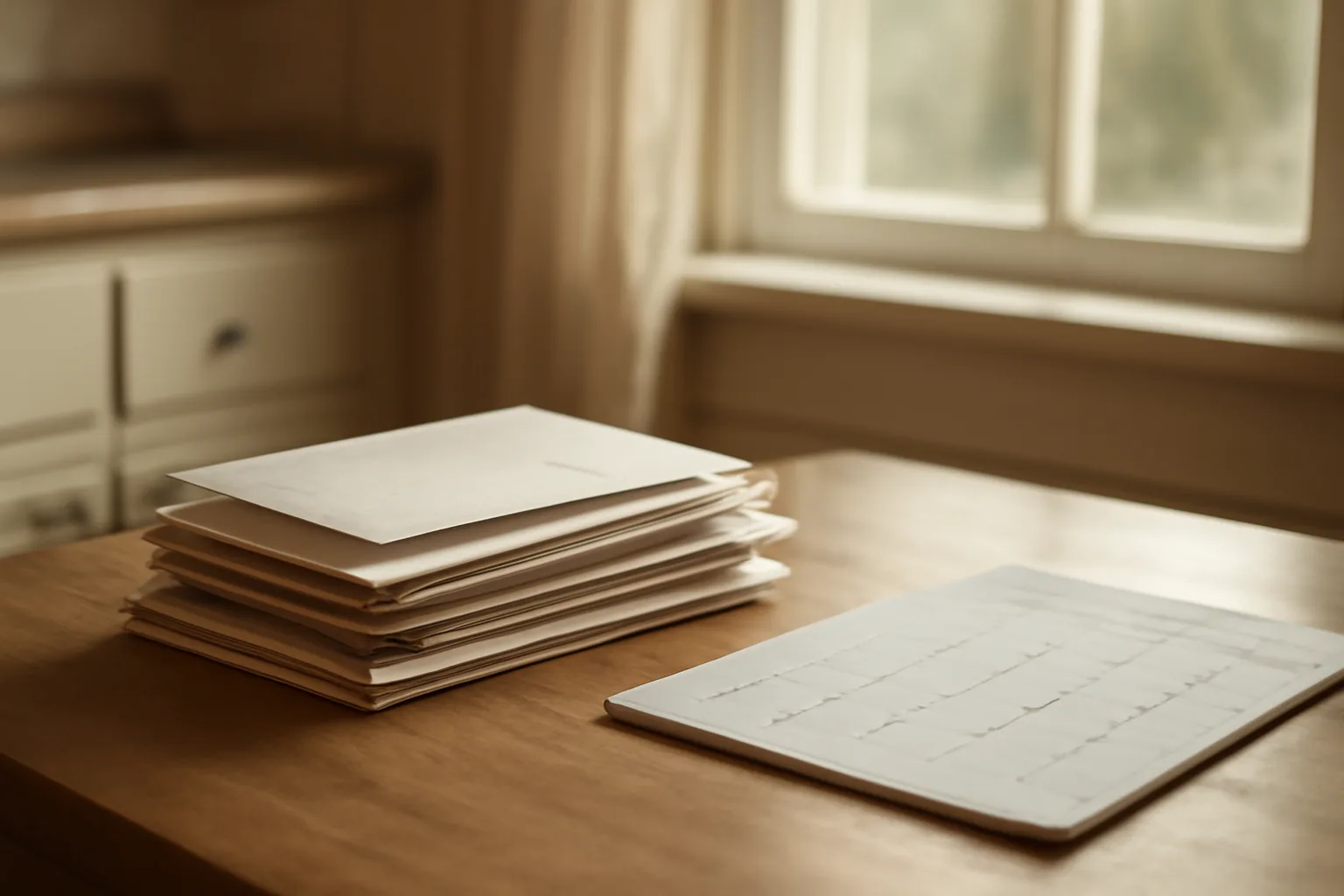Stack of unopened mail on kitchen table suggesting overdue timeshare maintenance fees