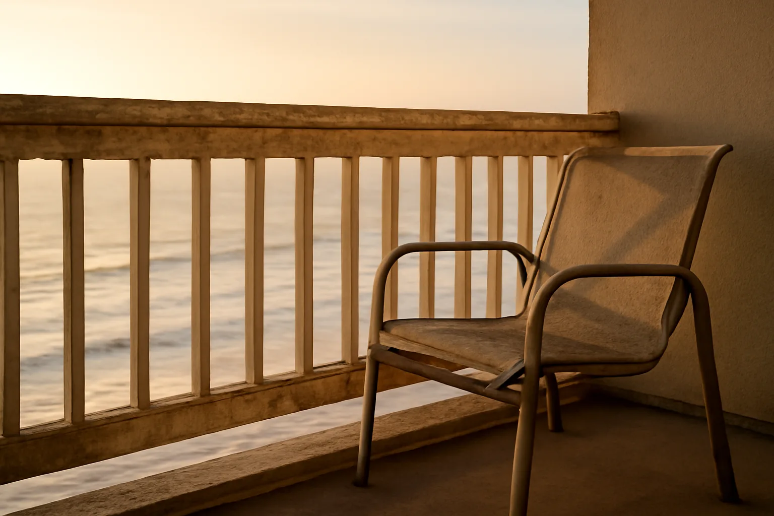 Empty timeshare condo balcony at sunset representing the cost of maintenance fees