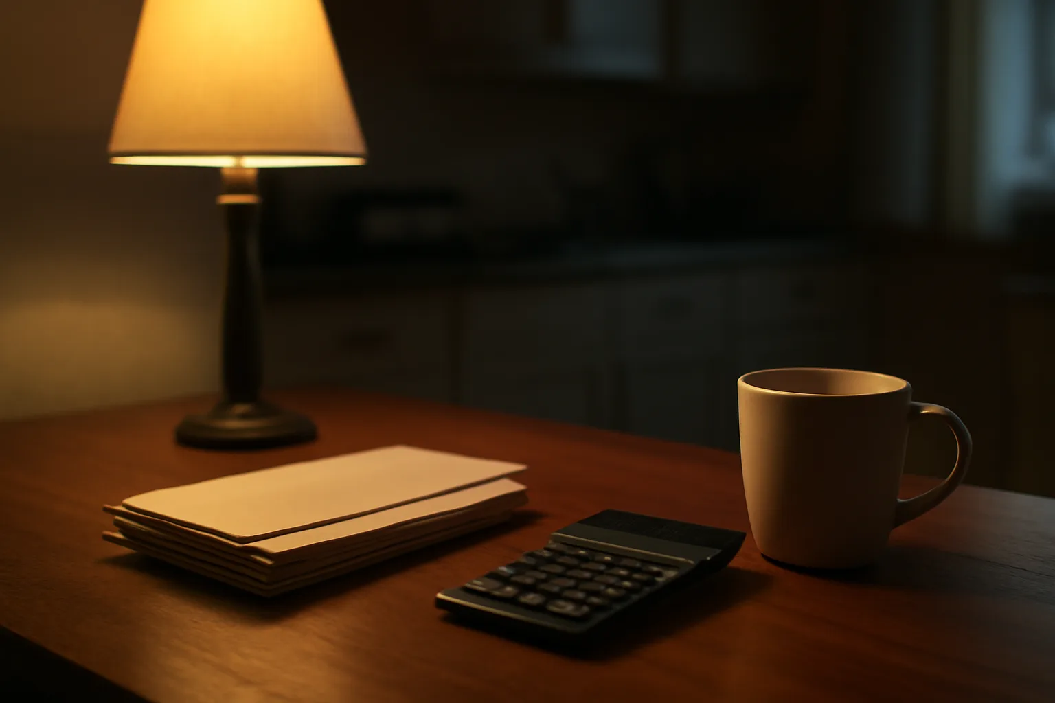 Kitchen table at dusk with unopened bills and a calculator representing timeshare fee stress