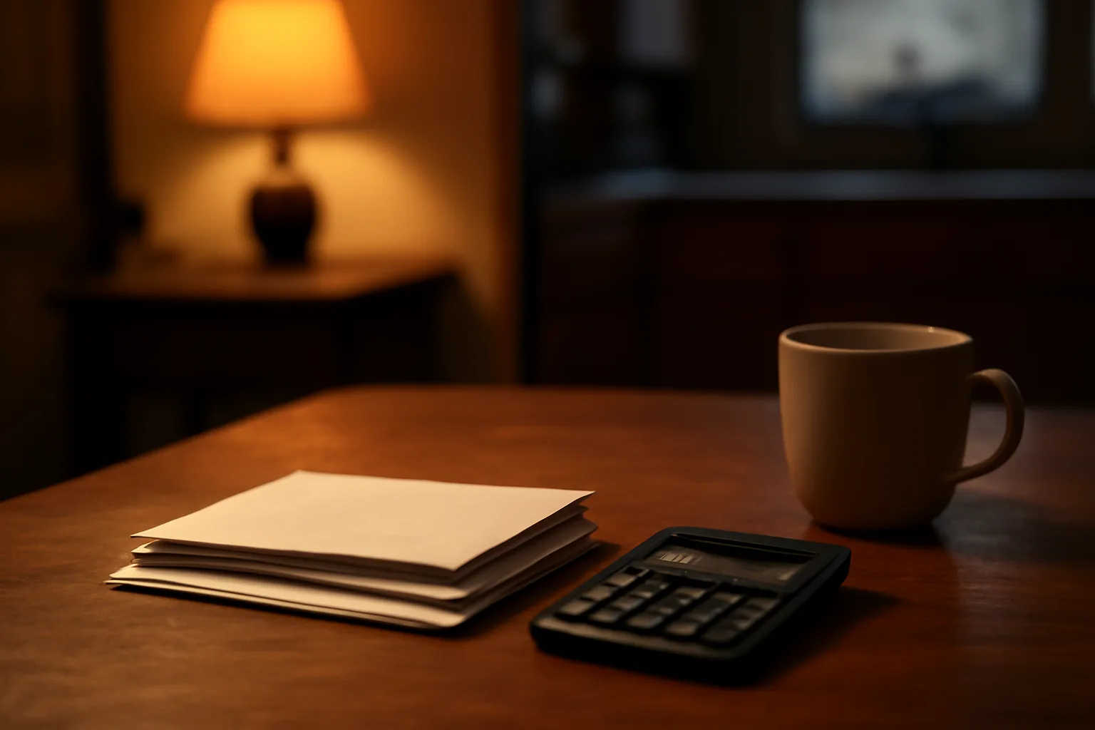 Stack of bills and a calculator on a kitchen table representing timeshare maintenance fee stress