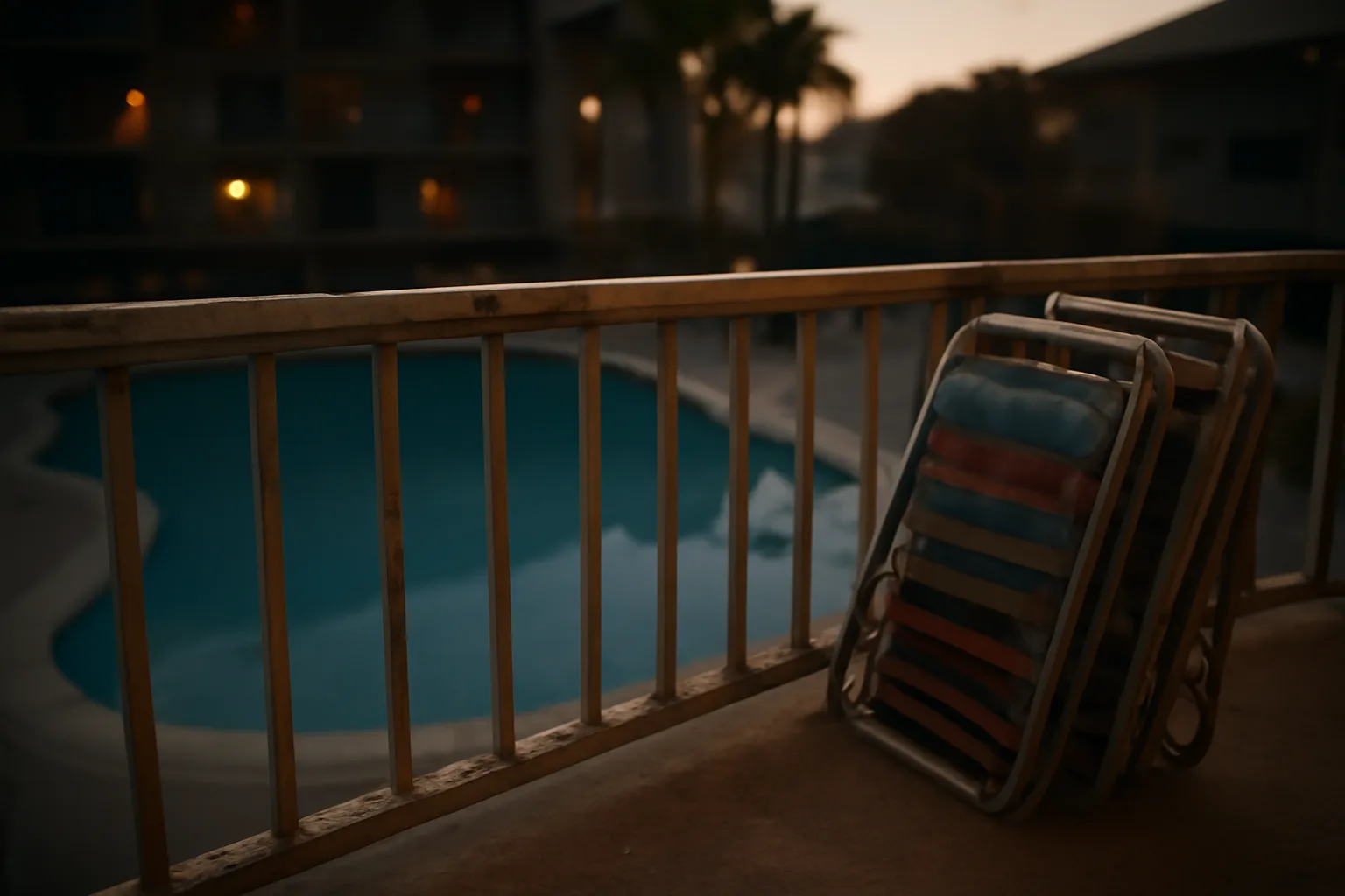 Empty resort balcony and pool at dusk symbolizing timeshare maintenance fee burden