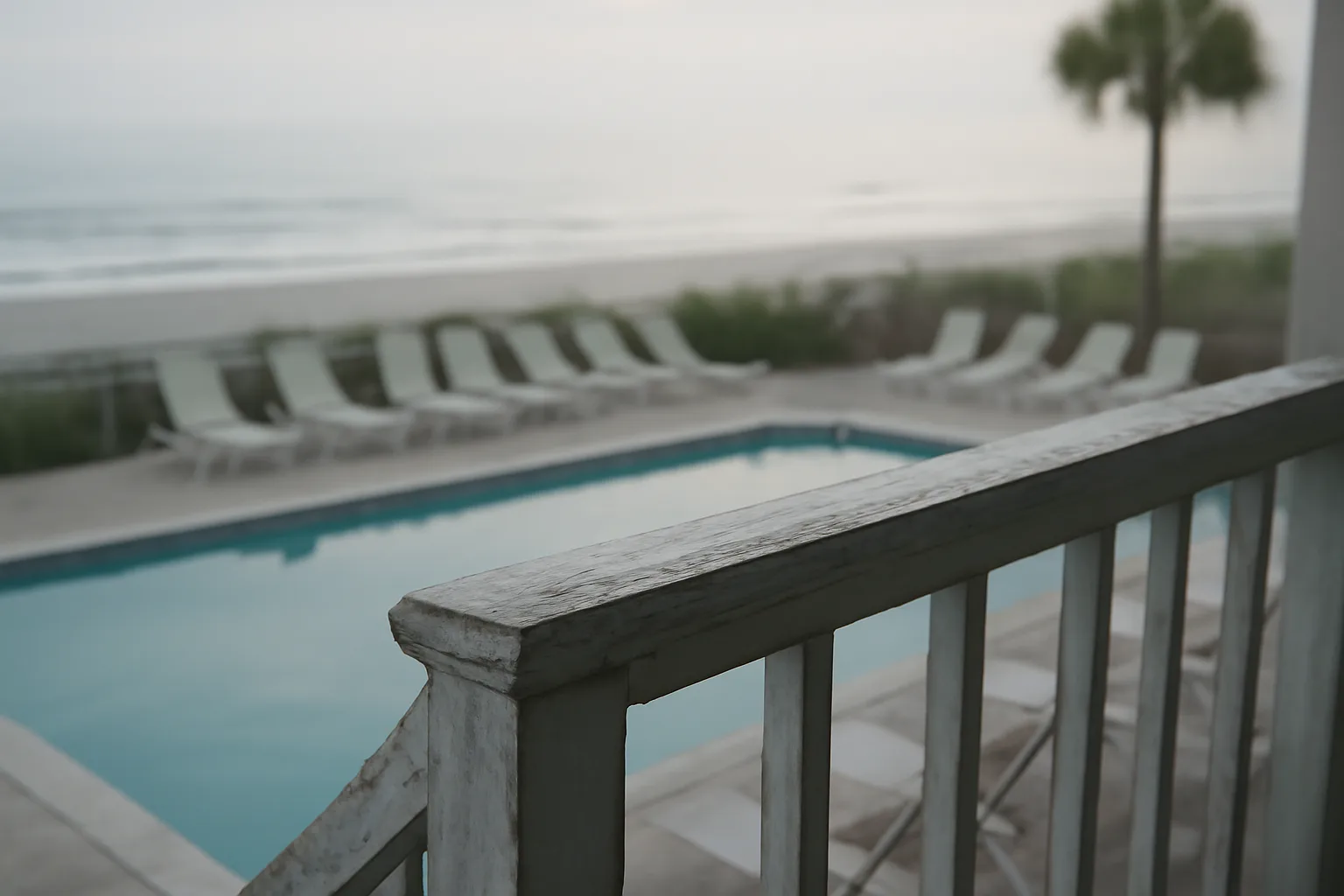 Empty resort pool and balcony at dawn representing rising timeshare annual maintenance fees