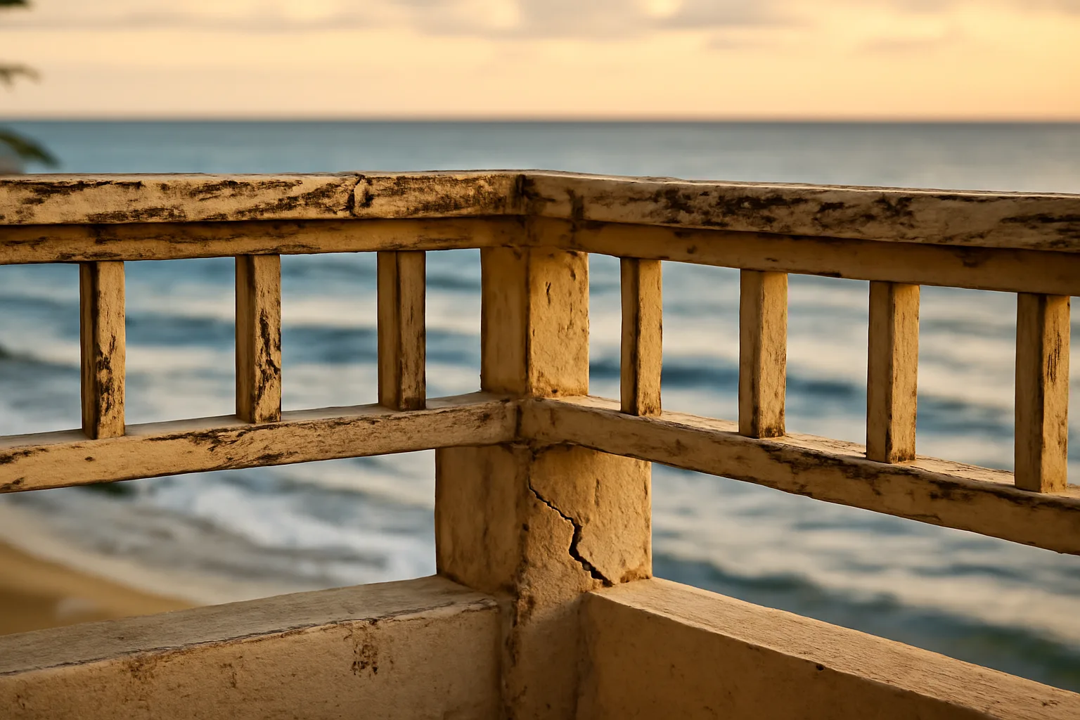 Weathered coastal resort balcony showing deferred maintenance tied to timeshare assessment fees