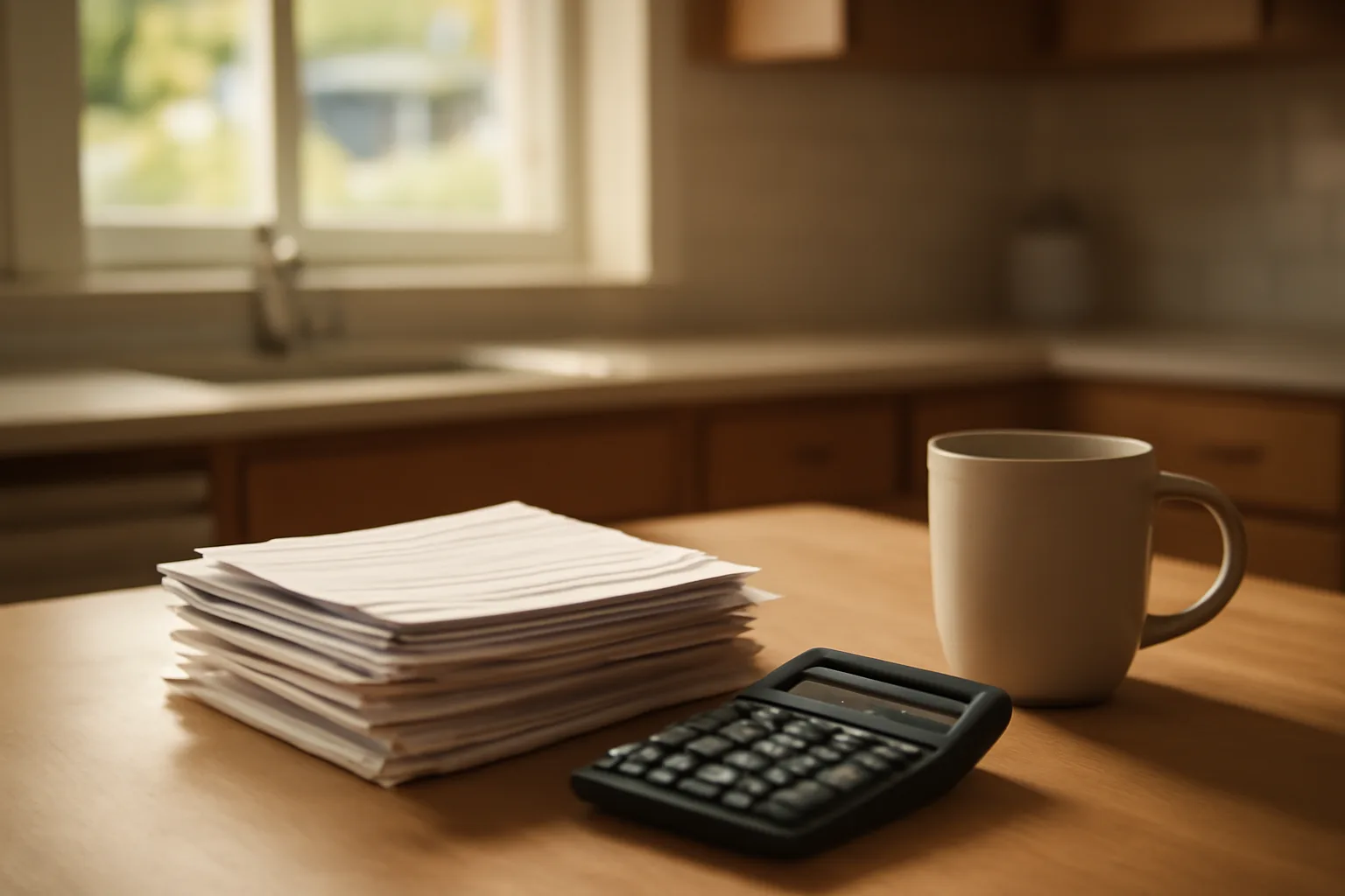 Kitchen table scene showing bills and calculator representing timeshare cost per year
