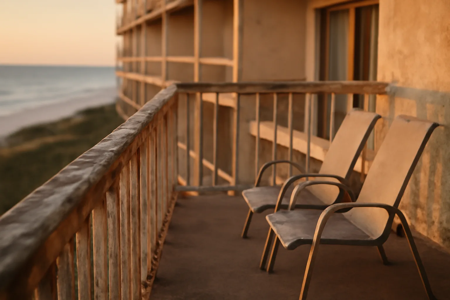 Empty beachfront timeshare resort balcony at sunset with faded exterior
