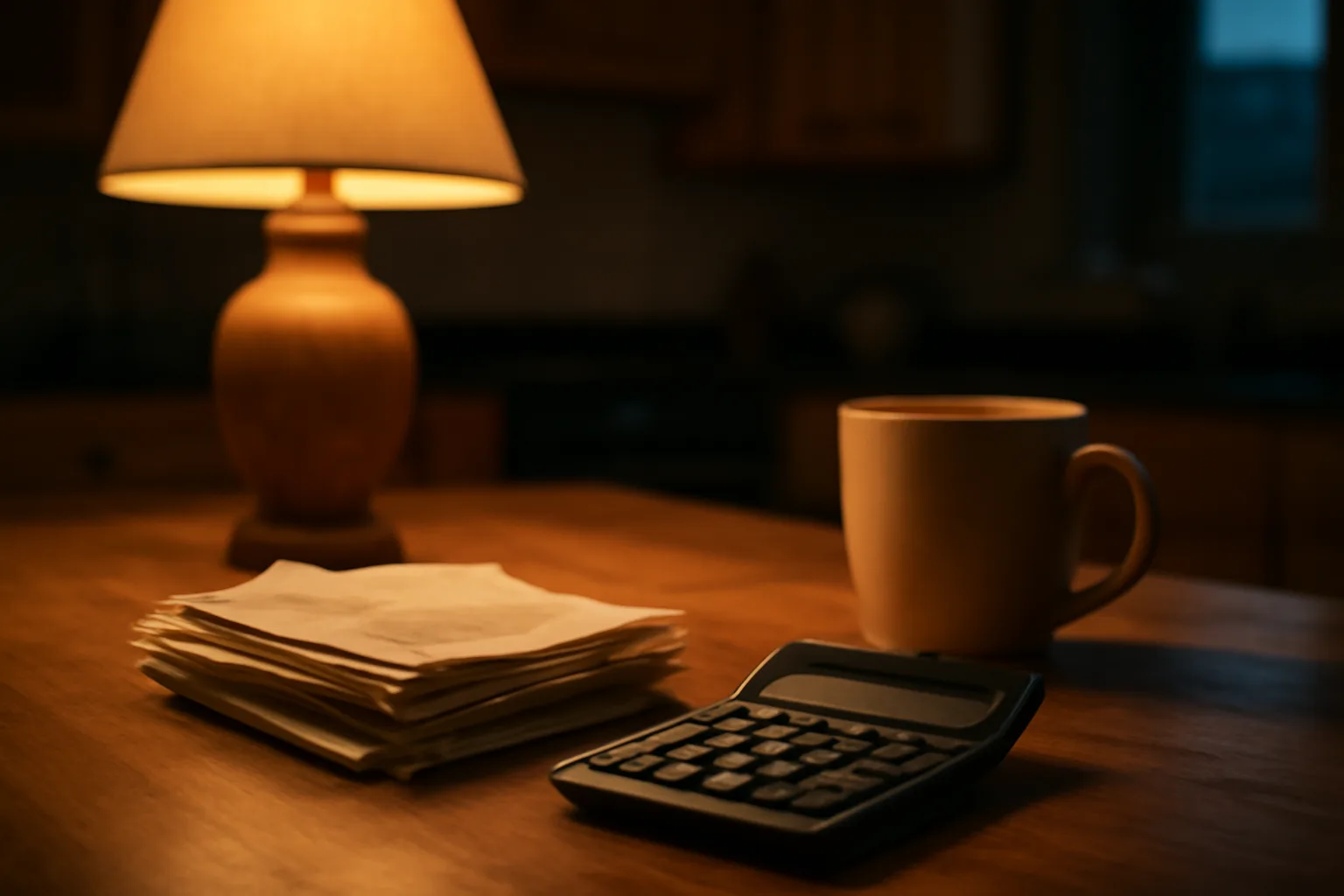 Stack of household bills and a calculator on a kitchen table at dusk