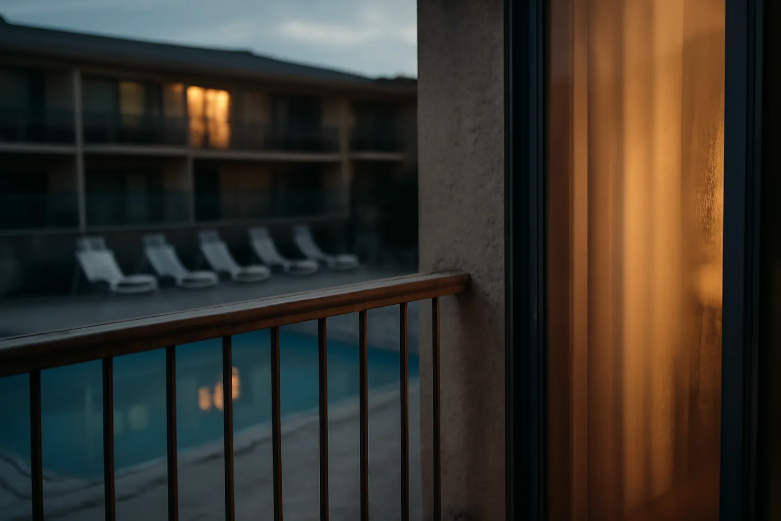 Empty timeshare resort balcony and pool at dusk showing fee-related off-season vacancy