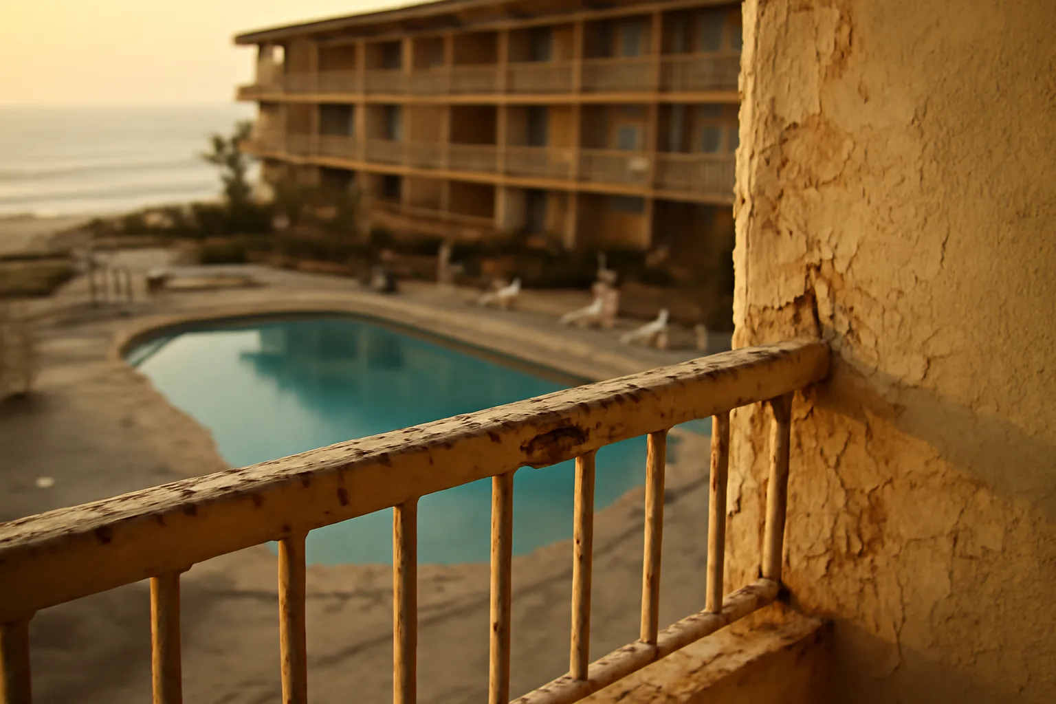 Aging beachfront timeshare resort balcony showing wear as maintenance fees increase over time