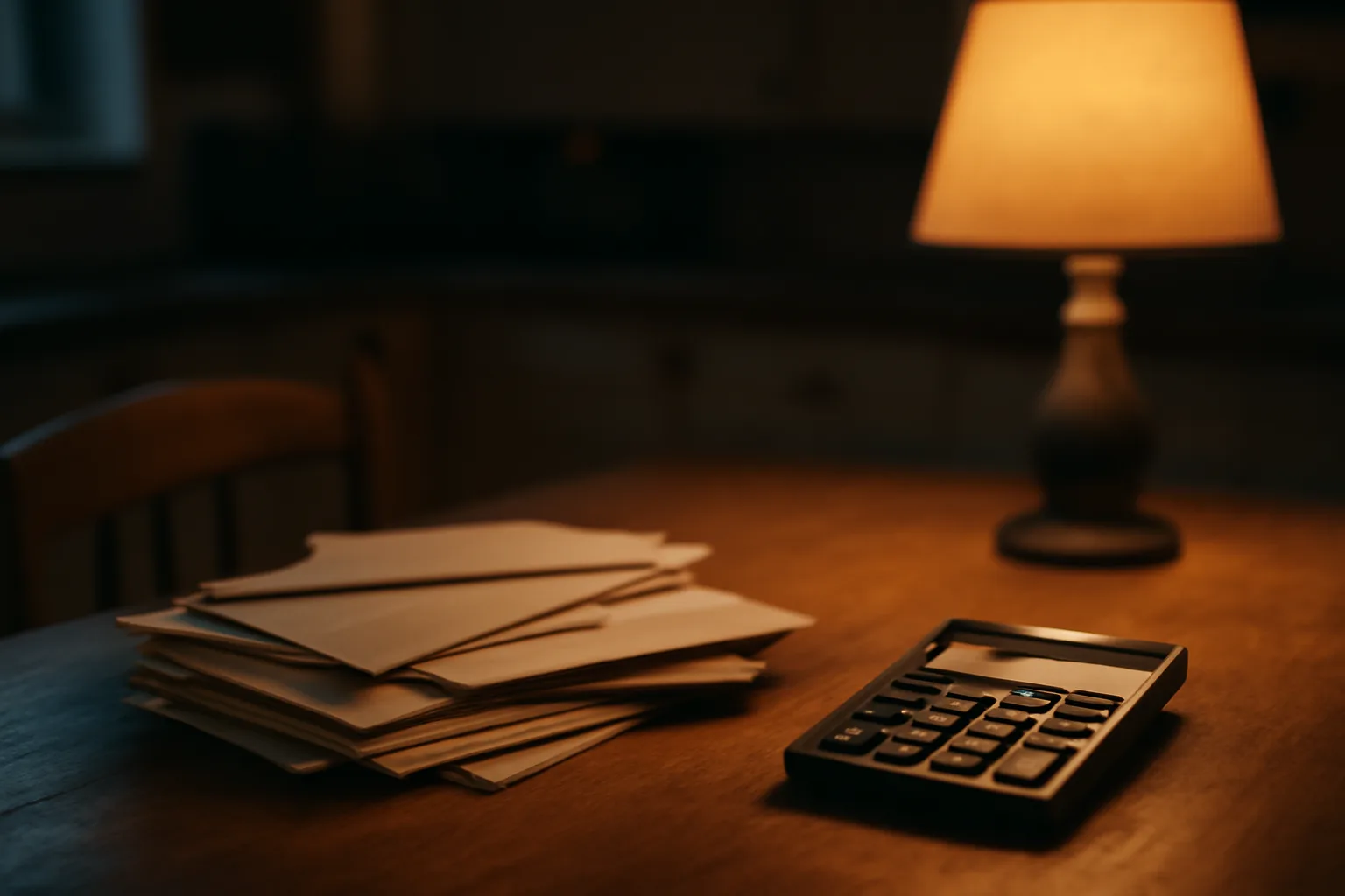 Stack of opened bills and a calculator on a kitchen table at dusk
