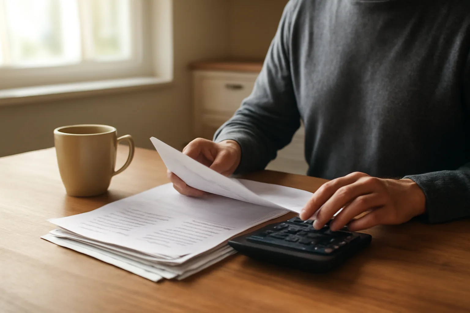 Person at a kitchen table reviewing timeshare maintenance fee statements with a calculator