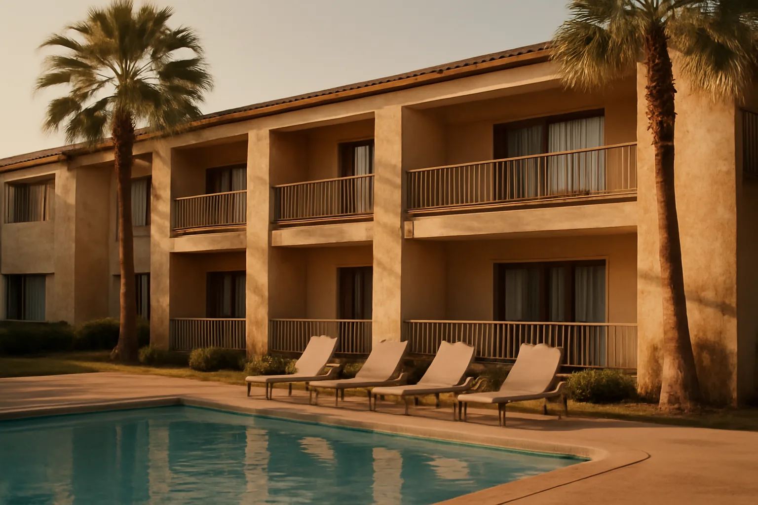 Older timeshare resort exterior with modest pool, illustrating lower maintenance fee properties