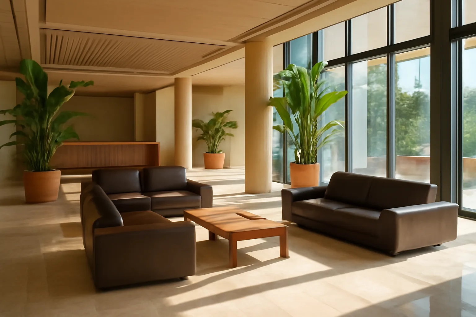 Modern resort lobby interior with natural light and furnishings, illustrating typical timeshare property amenities and costs.