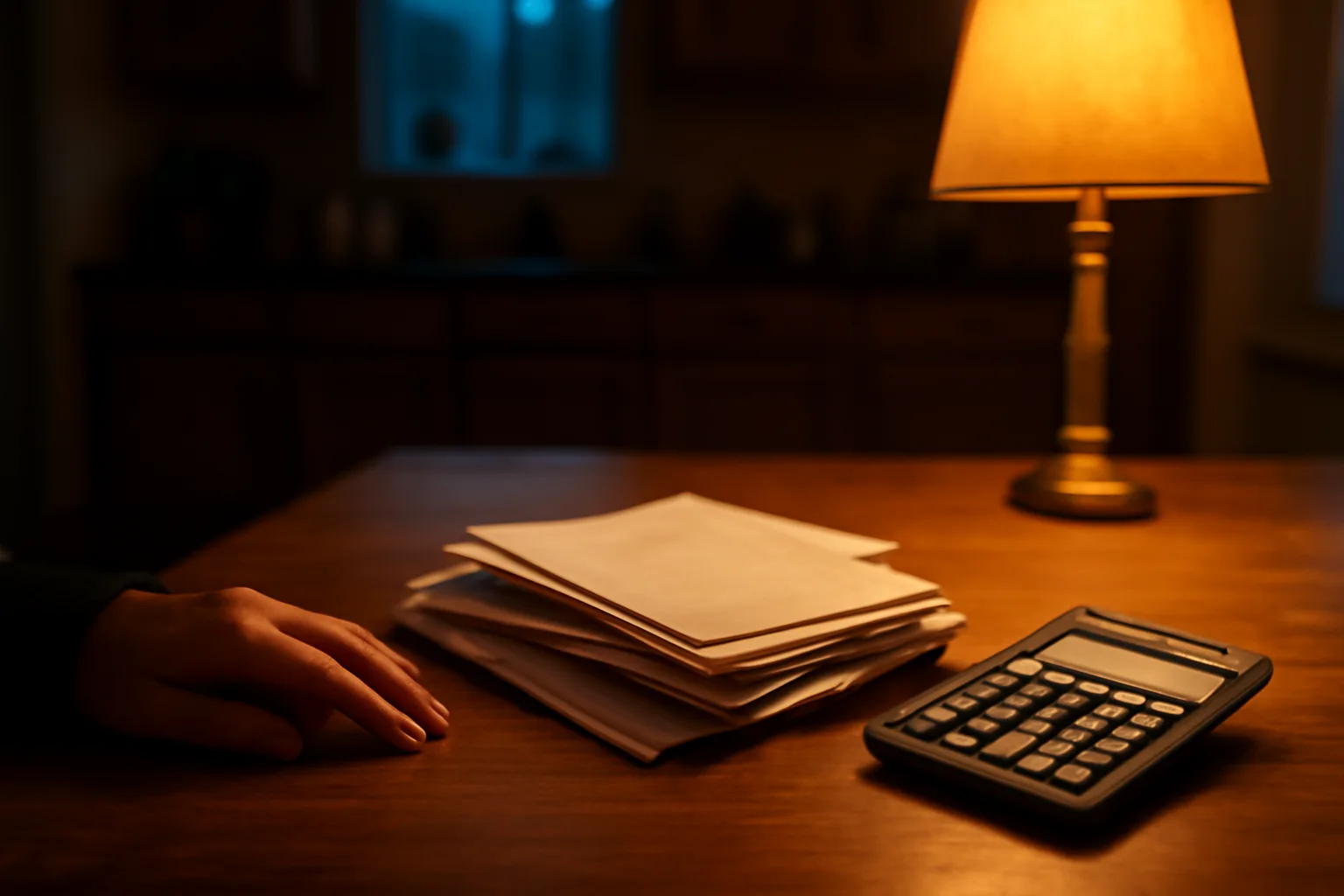 Overdue bills and a calculator on a kitchen table representing unpaid timeshare fees