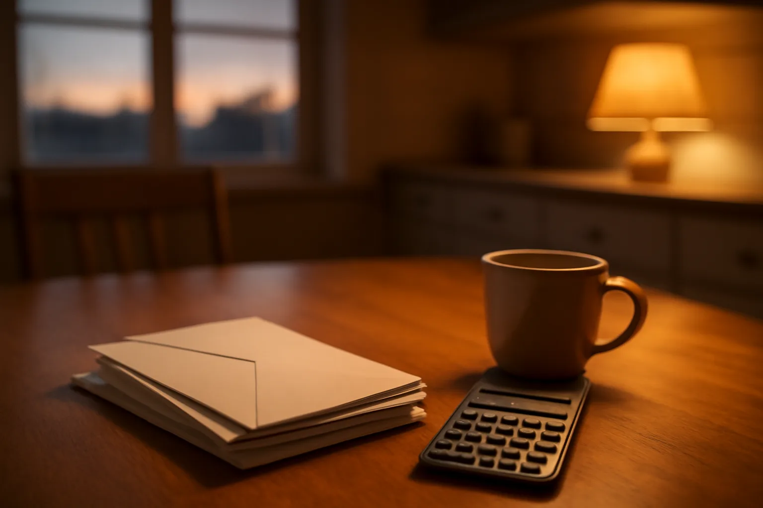 Stack of unopened bills and a calculator on a kitchen table at dusk